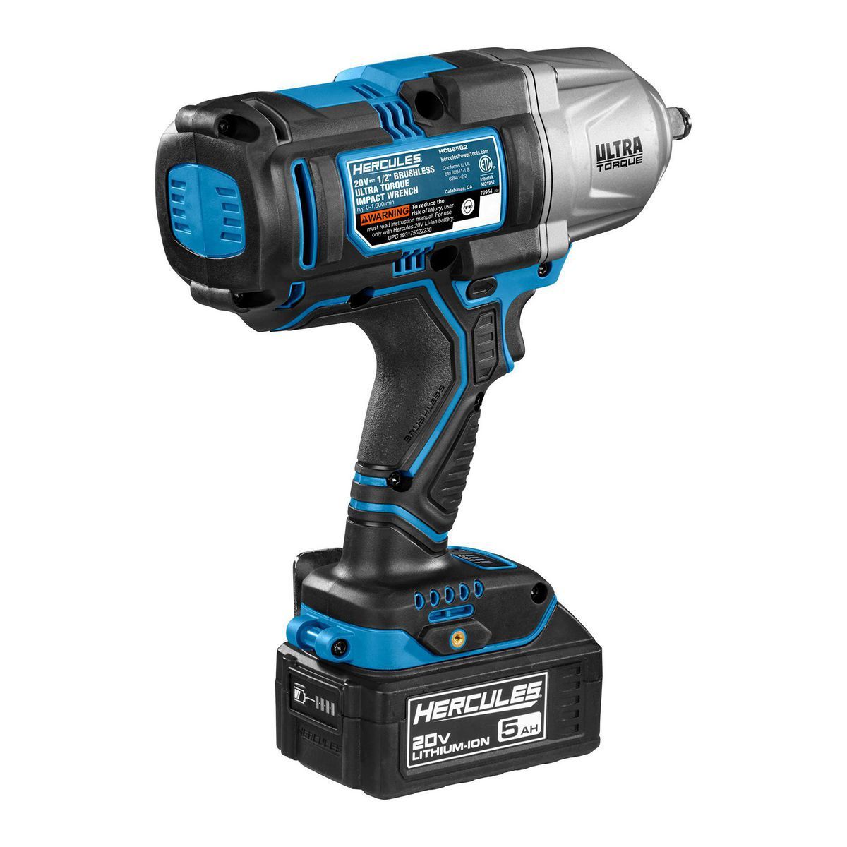 Llave de impacto sin escobillas Hercules 20V inalámbrica de 1/2 pulgada con ultra torque y kit de batería de 5 Ah y cargador - 70954