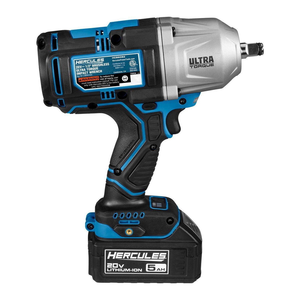 Llave de impacto sin escobillas Hercules 20V inalámbrica de 1/2 pulgada con ultra torque y kit de batería de 5 Ah y cargador - 70954