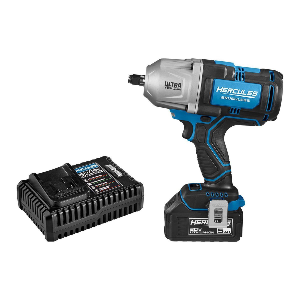 Llave de impacto sin escobillas Hercules 20V inalámbrica de 1/2 pulgada con ultra torque y kit de batería de 5 Ah y cargador - 70954