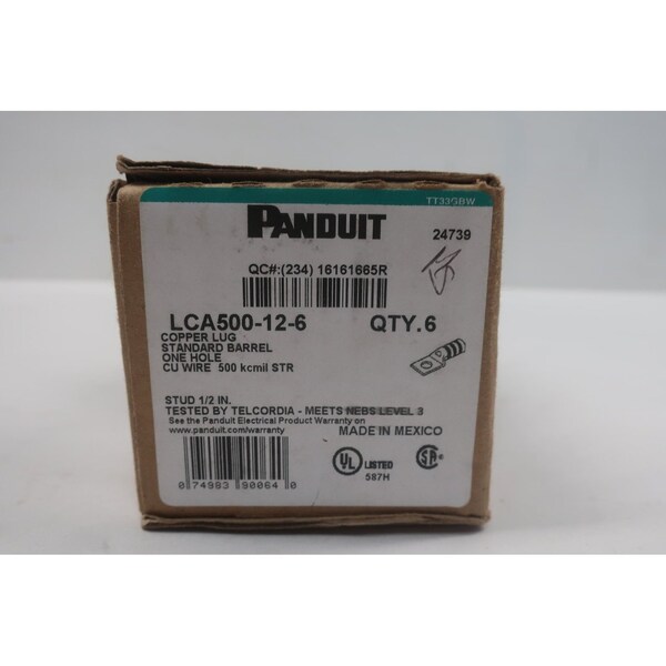Panduit Panduit Lca500-12-6 One Hole Copper Compression Lug Connector, 6PK - LCA500-12-6