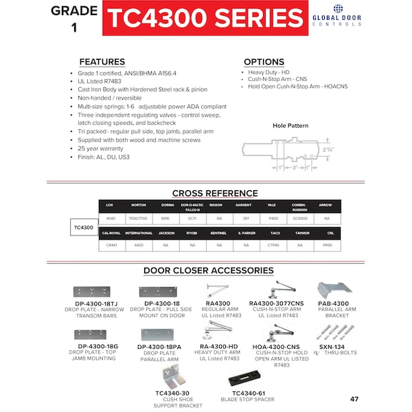 Global Door Controls Heavy Duty Commercial Grade 1 Door Closer in Duronodic - Sizes 1-6 - TC4300-DU