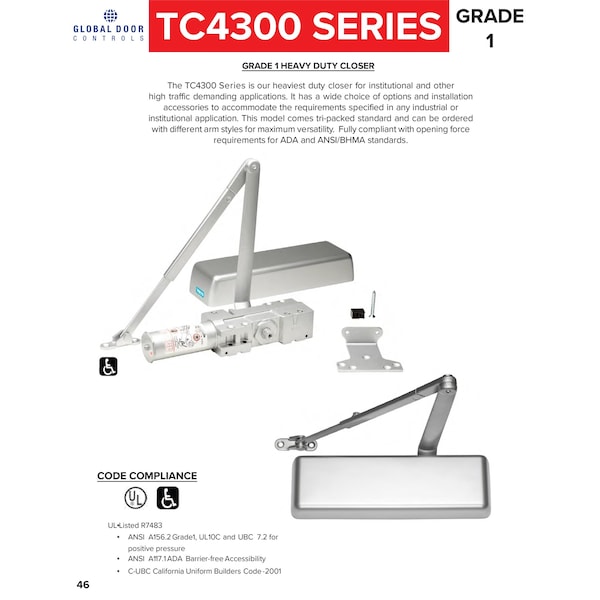 Global Door Controls Heavy Duty Commercial Grade 1 Door Closer in Duronodic - Sizes 1-6 - TC4300-DU