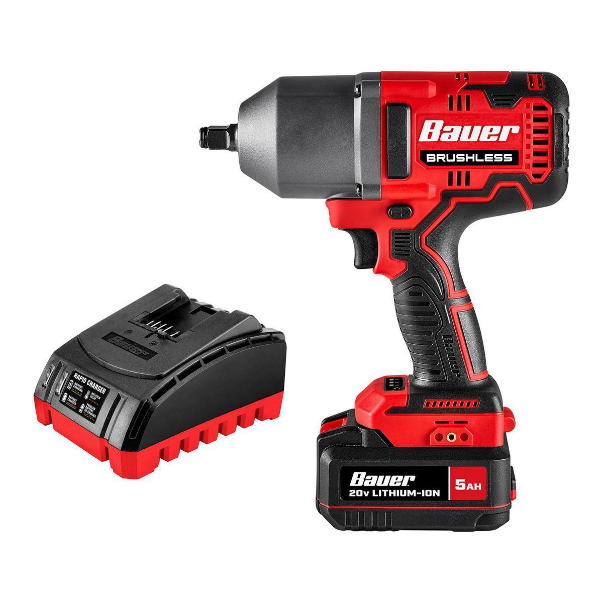 Llave de impacto inalámbrica Bauer 20V sin escobillas, 1/2 pulg. de alto torque con kit de batería de 5 Ah y cargador - 70960.