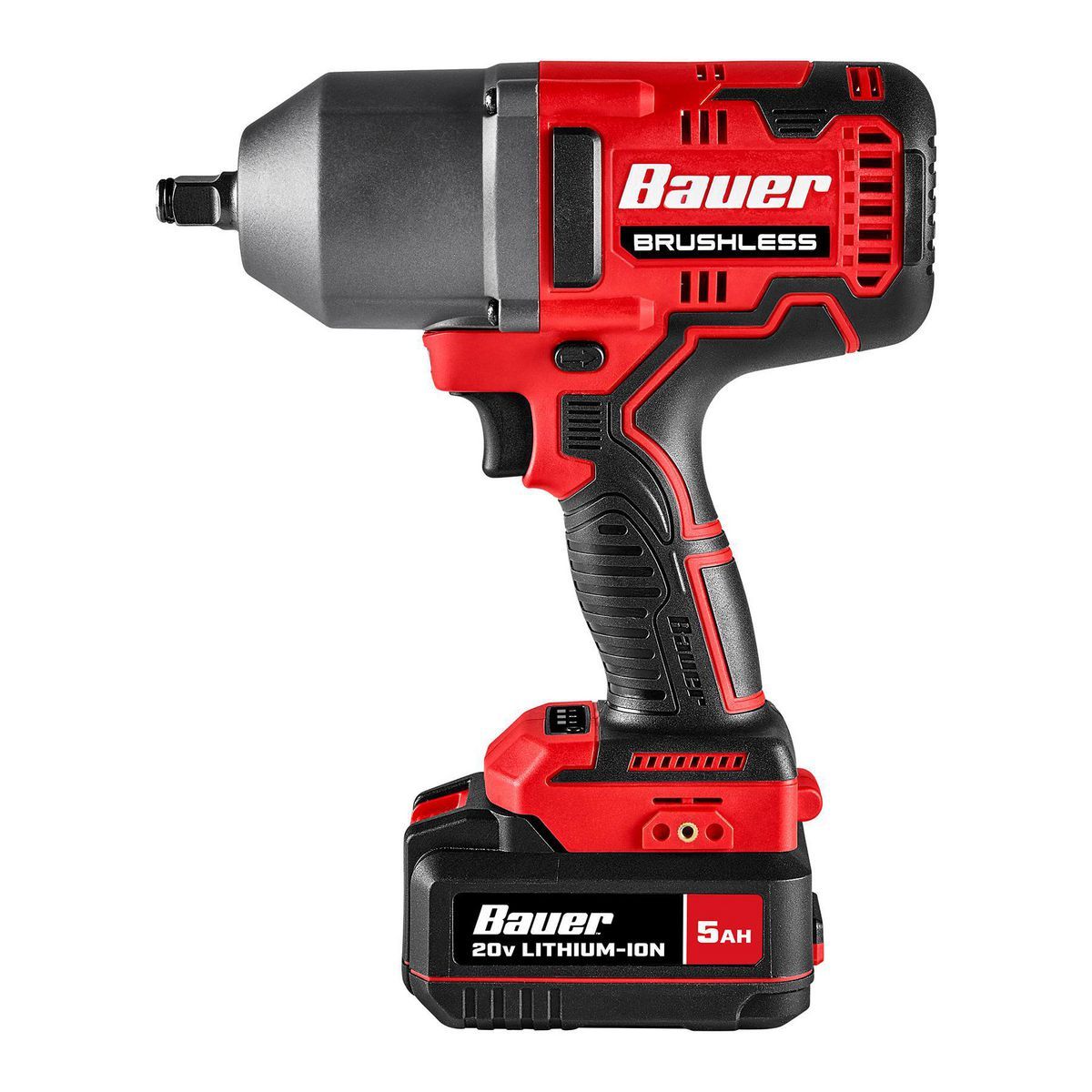 Llave de impacto inalámbrica Bauer 20V sin escobillas, 1/2 pulg. de alto torque con kit de batería de 5 Ah y cargador - 70960.