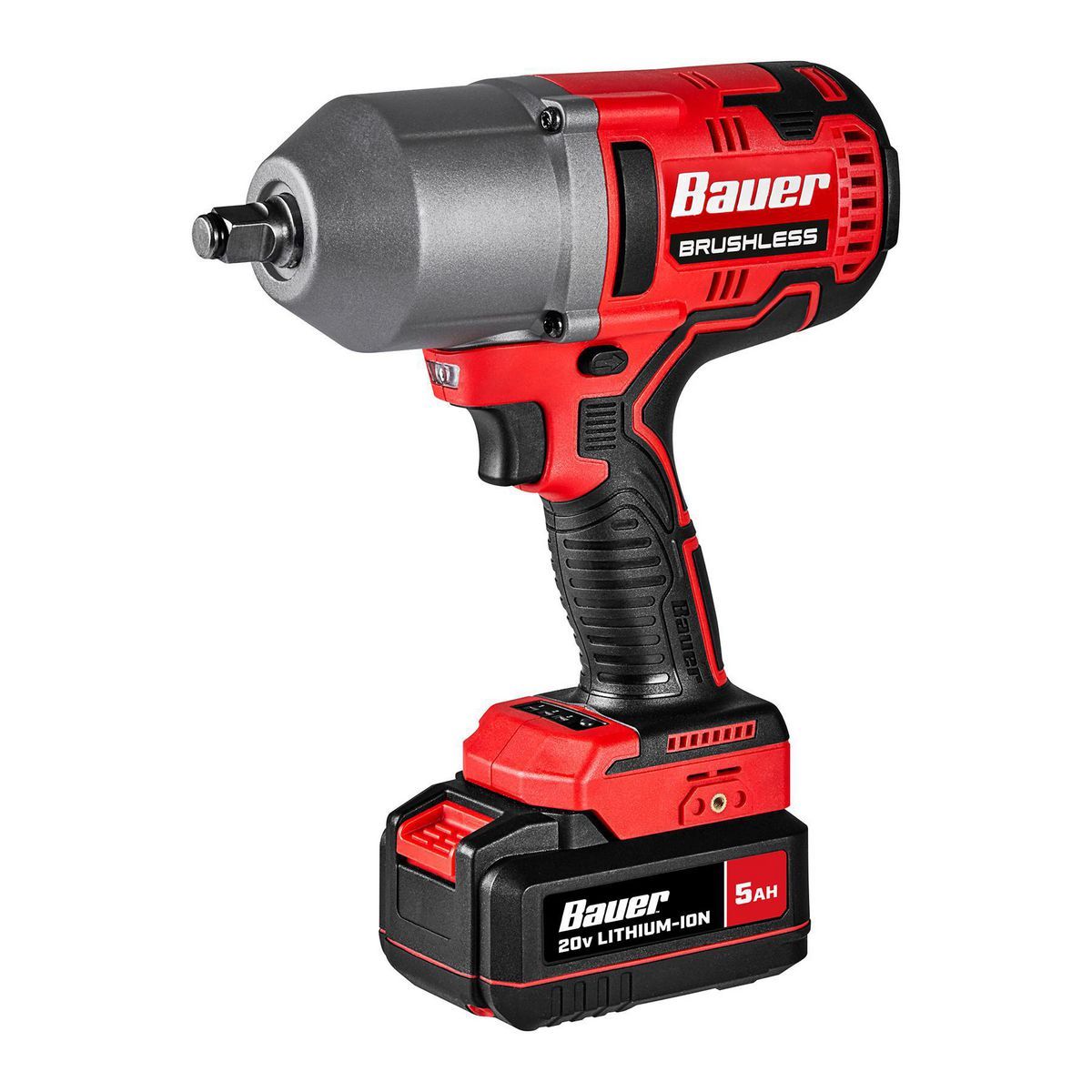 Llave de impacto inalámbrica Bauer 20V sin escobillas, 1/2 pulg. de alto torque con kit de batería de 5 Ah y cargador - 70960.