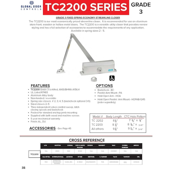 Global Door Controls Commercial Grade 3 Door Closer with Backcheck in Aluminum, Size 4, TC2200 Series - TC2204-BC-AL