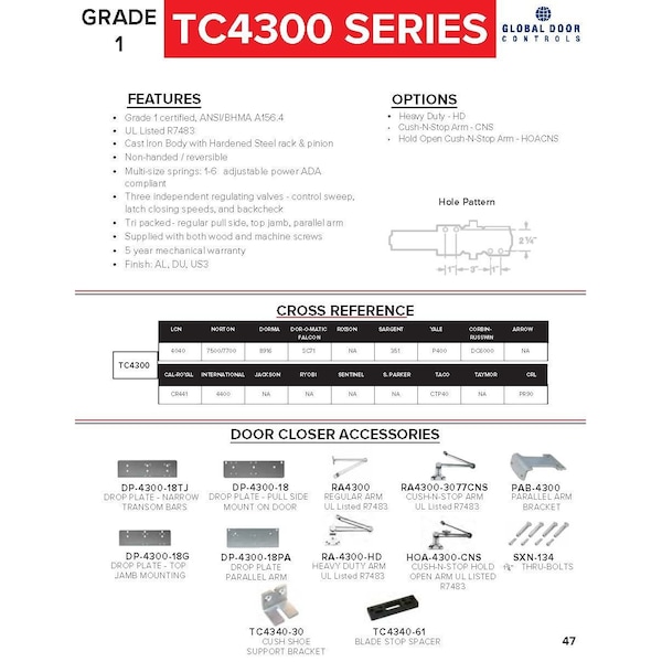 Global Door Controls Heavy Duty Commercial ADA Grade 1 Door Closer with Cush-N-Stop Arm in Duronodic - Sizes 1-6 - TC4300CNS-DU