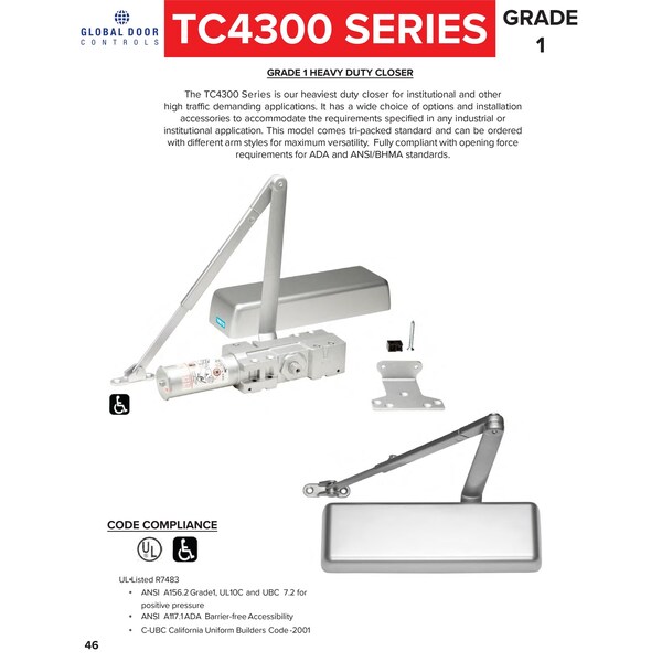 Global Door Controls Heavy Duty Commercial ADA Grade 1 Door Closer with Cush-N-Stop Arm in Duronodic - Sizes 1-6 - TC4300CNS-DU