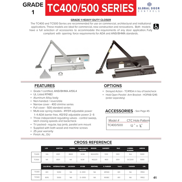 Global Door Controls Commercial ADA Grade 1 Door Closer in Duronodic With Adjustable Sizes 1-4 - TC511-DU