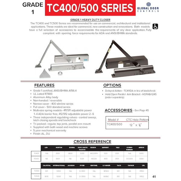 Global Door Controls Commercial ADA Grade 1 Door Closer in Duronodic With Adjustable Sizes 1-4 - TC511-DU