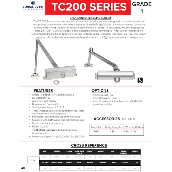 Global Door Controls Commercial Grade 1 Door Closer in Duronodic with Backcheck - Size 3 - TC203-BC-DU