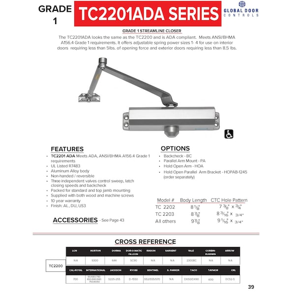 Global Door Controls Commercial ADA Grade 1 Door Closer in Duronodic with Adjustable Spring Tension - Sizes 1-4 - TC2201ADA-DU