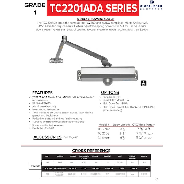 Global Door Controls Commercial ADA Grade 1 Door Closer in Duronodic with Adjustable Spring Tension - Sizes 1-4 - TC2201ADA-DU