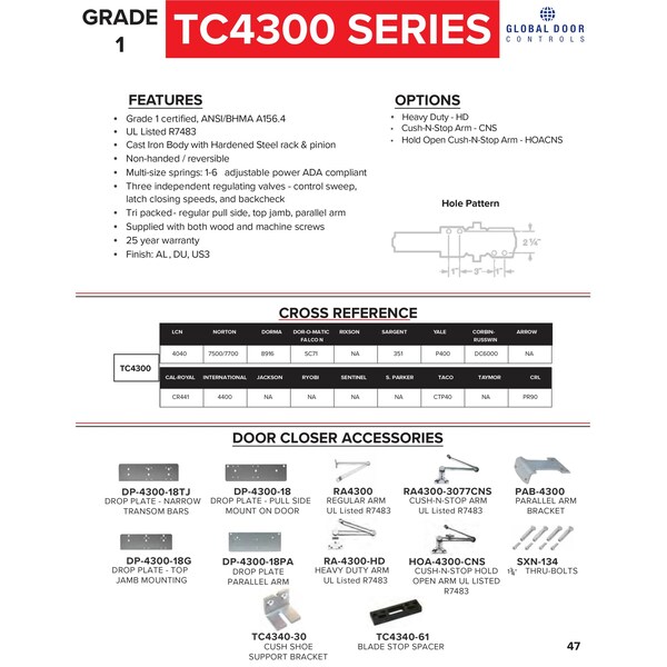 Global Door Controls Heavy Duty Commercial ADA Grade 1 Door Closer with Hold Open Cush-N-Stop Arm in Aluminum - Sizes 1-6 - TC4300HOACNS-AL