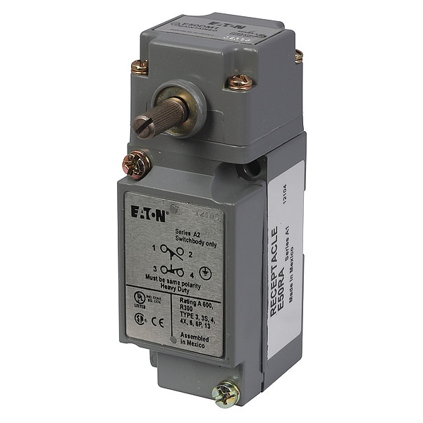Interruptor de límite de servicio pesado Eaton, sin palanca, rotativo, 1NA/1NC, 10A @ 600V CA, Ubicación del actuador: Lateral - E50AM1
