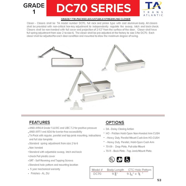 Global Door Controls Commercial Full Cover Grade 1 Door Closer in Aluminum with Adjustable Spring Tension - Sizes 2-6 - DC-70BC-AL
