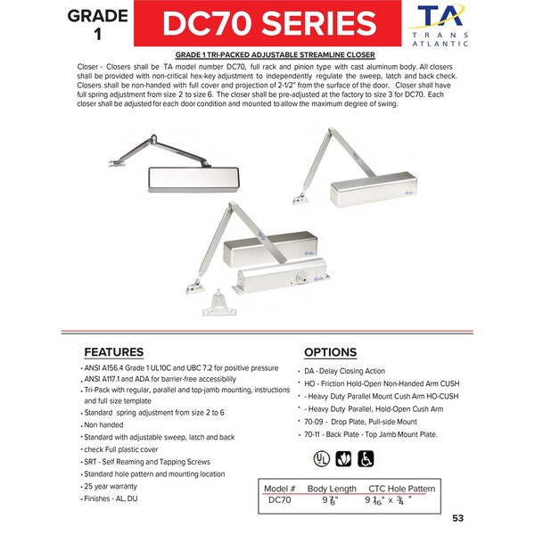Global Door Controls Commercial Full Cover Grade 1 Door Closer in Aluminum with Adjustable Spring Tension - Sizes 2-6 - DC-70BC-AL