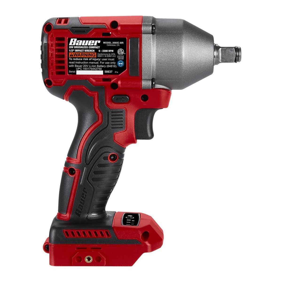 Llave de impacto inalámbrica Brushless de 20V Bauer de 1/2 pulgadas con 3 velocidades - Herramienta únicamente - 58637