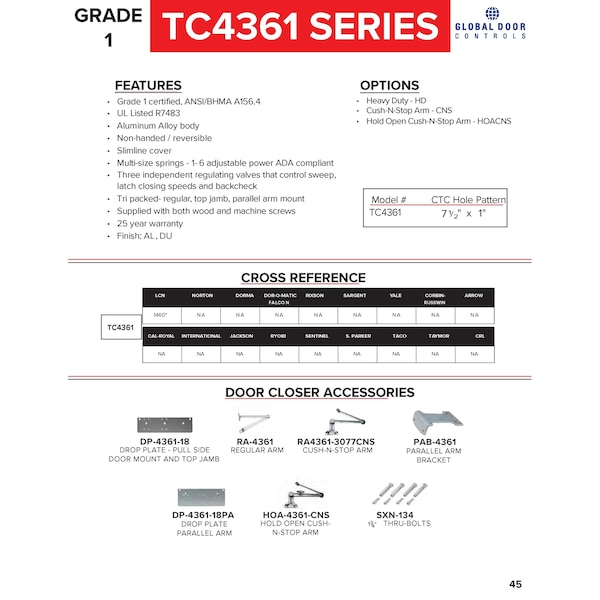 Global Door Controls Slimline Heavy Duty Commercial Grade 1 Door Closer in Duronodic - Sizes 1-6 - TC4361-DU
