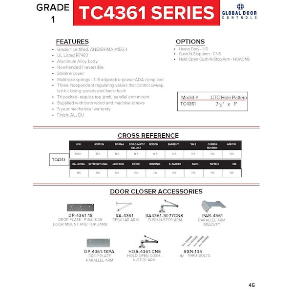 Global Door Controls Slimline Heavy Duty Commercial Grade 1 Door Closer in Duronodic - Sizes 1-6 - TC4361-DU