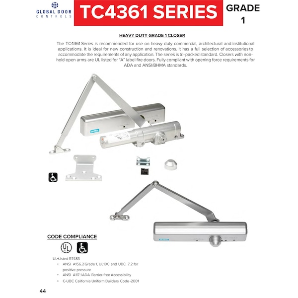 Global Door Controls Slimline Heavy Duty Commercial Grade 1 Door Closer in Duronodic - Sizes 1-6 - TC4361-DU