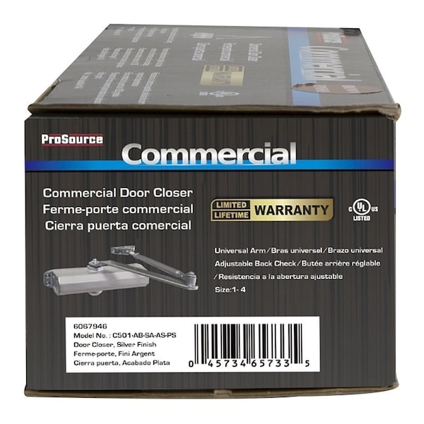 Prosource Door Closer, Non-Handed Hand, Automatic, Aluminum, Silver, 240 lb - C501-AB-SA-AS