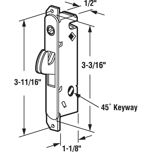 Prime-Line Mortise Lock, 3-11/16 inch Mounting Holes, Stainless Steel, 45 degree - E 2199