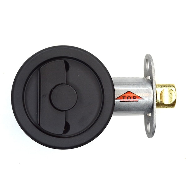 Emtek Round Privacy Pocket Door Tubular Lock with Privacy Strike Plate and Dust Box Flat Black Finish - 2145US19