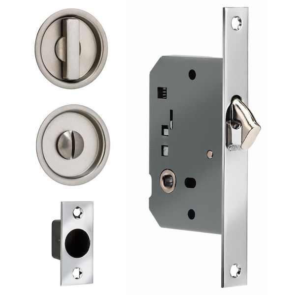 Omnia Backset Sliding Pocket Door Square Mort Round Trim Bright Chrome 2" - 3910S.26