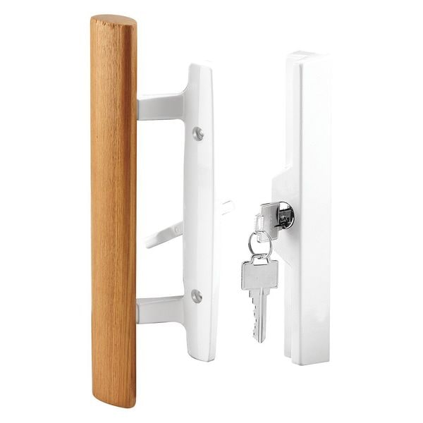 Primeline Tools Patio Door Handle Set, 3-15/16 In., Diecast, Wood Pull, White, Mortise, Keyed (Single Pack) - C 1316