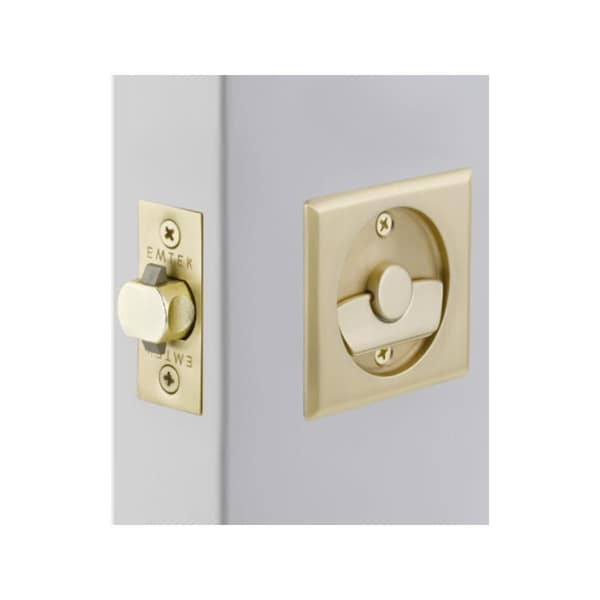 Emtek Square Privacy Pocket Door Tubular Lock with Privacy Strike Plate and Dust Box Satin Brass Finish - 2135US4