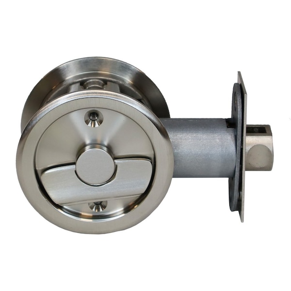 Emtek Round Privacy Pocket Door Tubular Lock with Privacy Strike Plate and Dust Box Satin Nickel Finish - 2145US15