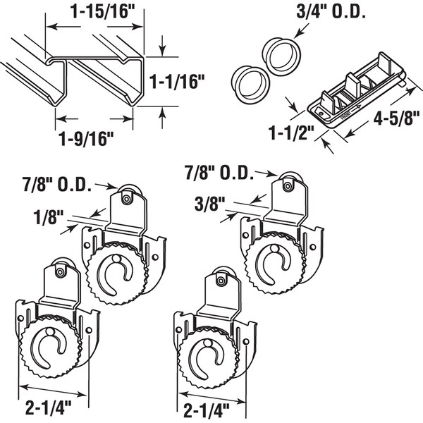 Prime-Line Bypass Closet Track Kit, 96in, 2-Door, Brass-Plated Pulls, Adjustable 1 Kit - 163592-1