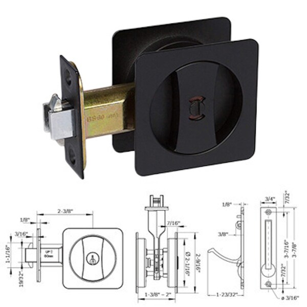 Delaney Hardware Contemporary Square Black Bed, Bath Privacy Sliding Pocket Door Lock - 370104
