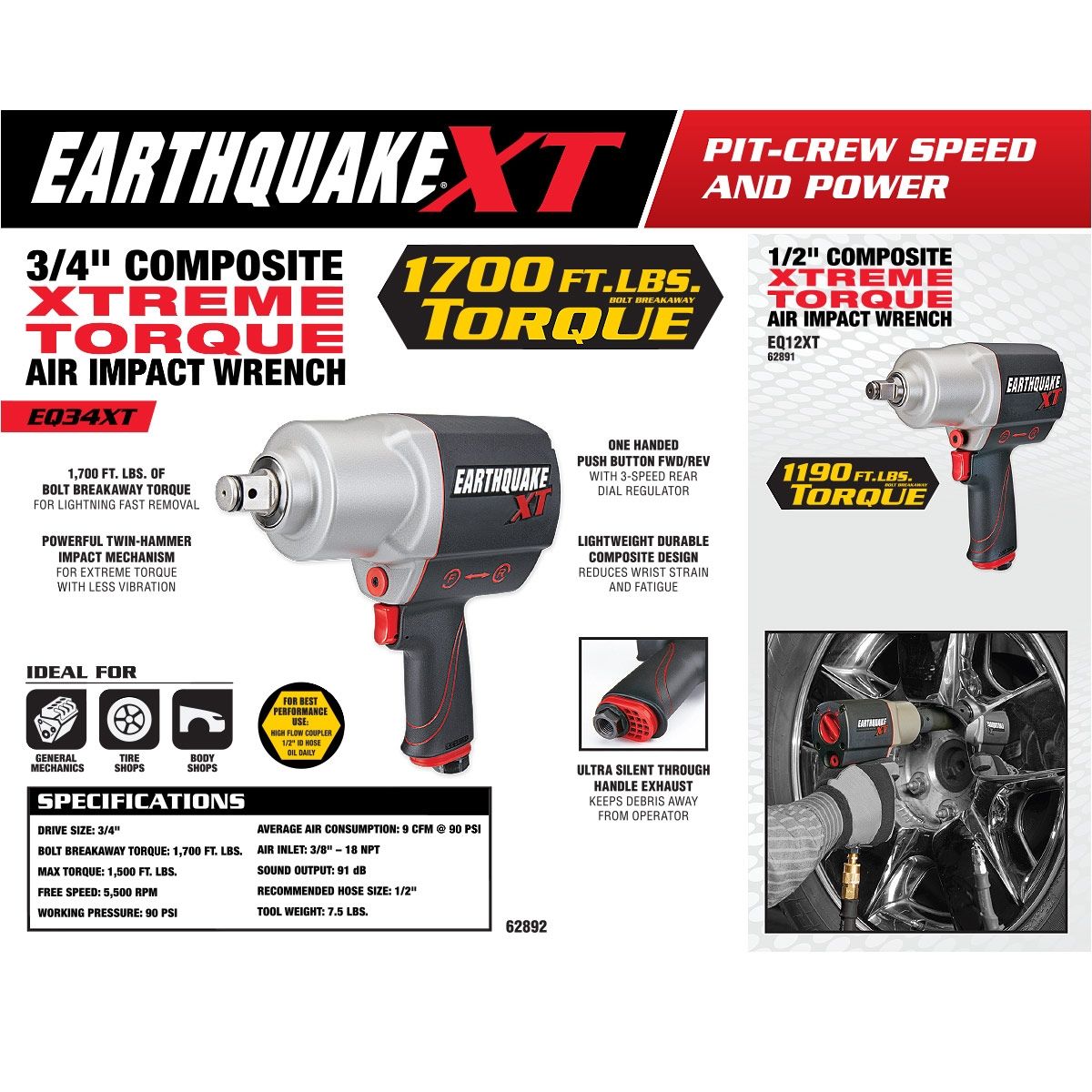 Llave de impacto de aire compuesto Earthquake Xt de 3/4 de pulgada, martillo gemelo, 1700 pies-libra - 62892.