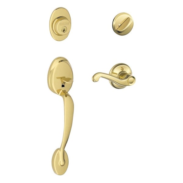Schlage Schlage Plymouth Flair Bright Brass Entry Handleset 1-3/4 in. - F60VPLYXFLA505