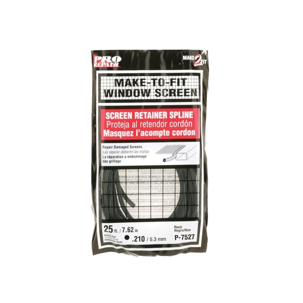 Make-2-Fit Screen Retainer Spline, 0.210 in D, 25 ft L, Vinyl, Black, Round - P7527