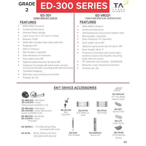 Trans Atlantic Co. 300 Series Aluminum Grade 2 Commercial 36 in. Surface Vertical Rod Crash Bar Exit Device - ED-VR331-AL