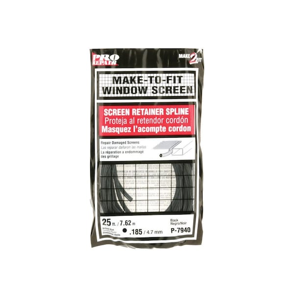 Make-2-Fit Screen Retainer Spline, 0.185 in D, 25 ft L, Vinyl, Black, Round - P7940