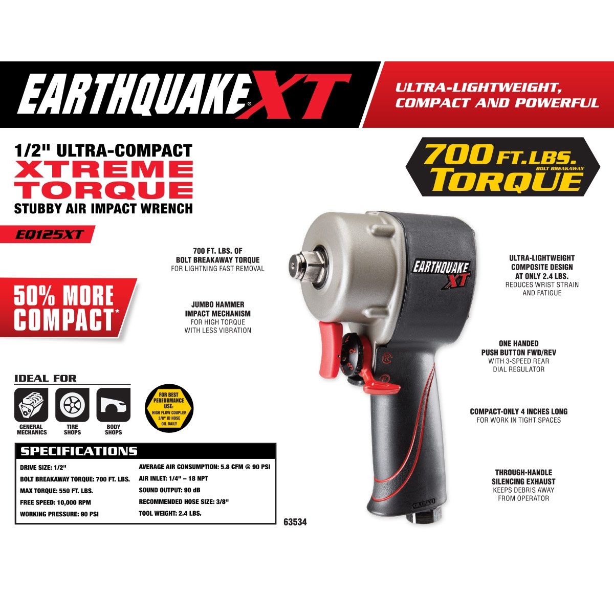 Terremoto Xt llave de impacto neumática de 1/2 pulgadas, martillo jumbo, 700 libras-pie - 63534