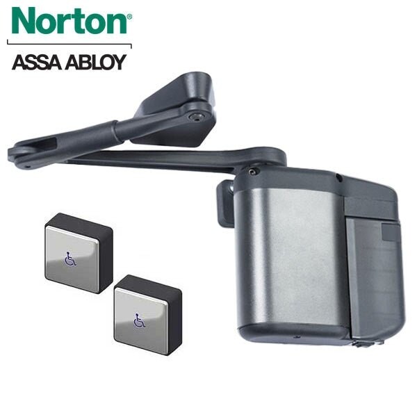 Norton Door Controls Kit Includes ADAEZ Pro Door Operator (Pull Side, Regular Arm), Two Square Push Buttons, Aluminum Fin - NOR-5811-SQPB-689