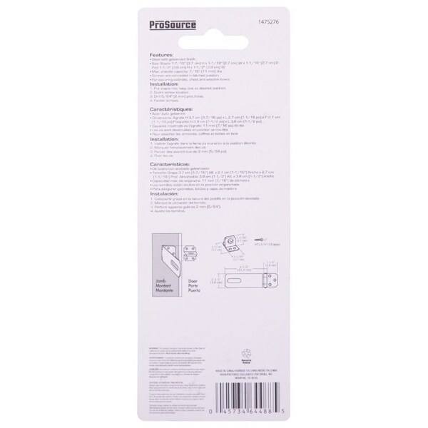 Prosource Safety Hasp, 4-1/2 in L, 4-1/2 in W, Steel, Galvanized, 7/16 in Dia Shackle, Fixed Staple - LR-132-BC3L-PS