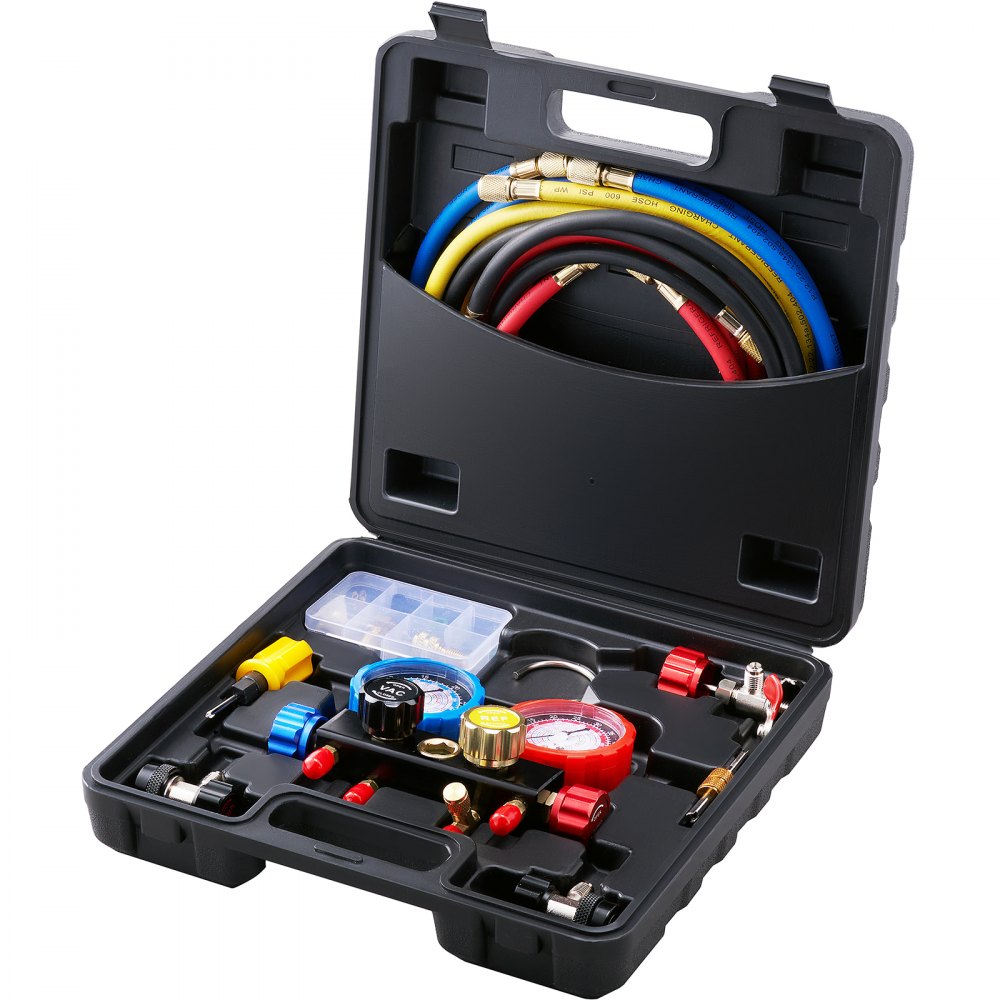 VEVOR 4 Way AC Gauge - AC Manifold Gauge Set for R134A R22 R12 R410A Refrigerant, Freon Gauges with 5ft Hoses, Couplers, Can Tap Works on Car Auto Freon Charging and Evacuation - STLLMBZZLJ4TE7B0MV0