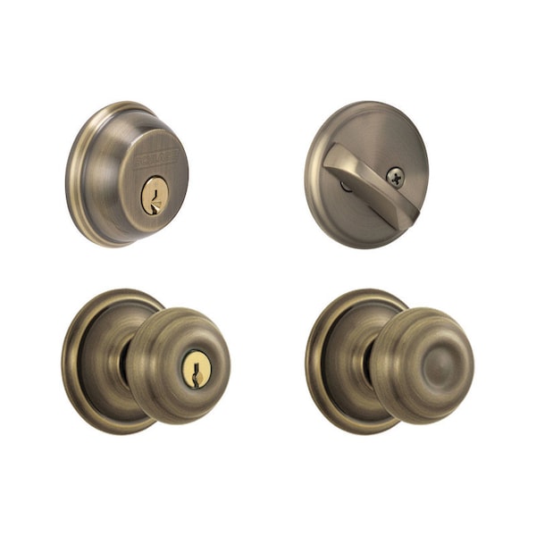 Schlage Schlage Georgian Antique Brass Knob and Single Cylinder Deadbolt 1-3/4 in. - FB50NVGEO609