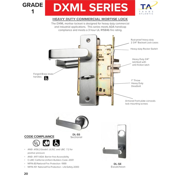 Trans Atlantic Co. DXML Series Brushed Chrome Grade 1 Entry Mortise Lock Door Handle with Escutcheon Left-Handed Lever - DL-DXML53SELH-US26D