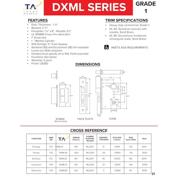 Trans Atlantic Co. DXML Series Brushed Chrome Grade 1 Entry Mortise Lock Door Handle with Escutcheon Left-Handed Lever - DL-DXML53SELH-US26D