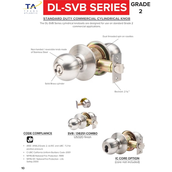 Trans Atlantic Co. SVB Series Bright Brass Grade 2 Standard Duty Commercial Storeroom Door Knob with IC Core - DL-SVB80IC-US3