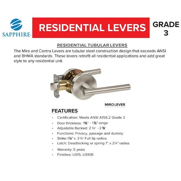 Sapphire Miro Collection Modern Satin Nickel Grade 3 Privacy Bed/Bath Door Handle with Lock - LS-MIR40-US15