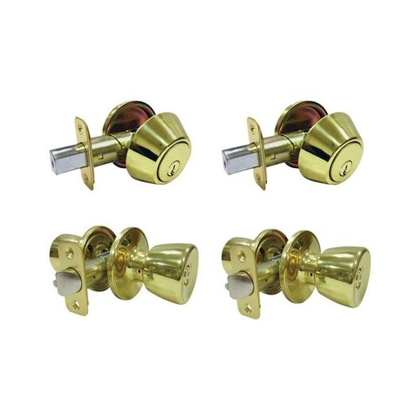 Faultless Faultless 5002062 Tulip Polished Brass Metal Entry Knob & Single Cylinder Deadbolt - 3 Grade Right Handed - 5002062