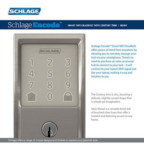 Schlage Schlage Encode Satin Nickel Metal Wifi Deadbolt - BE489WBVCEN619